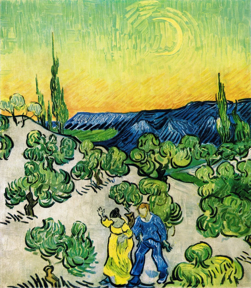 Landscape with a couple walking and a crescent moon - Vincent van Gogh