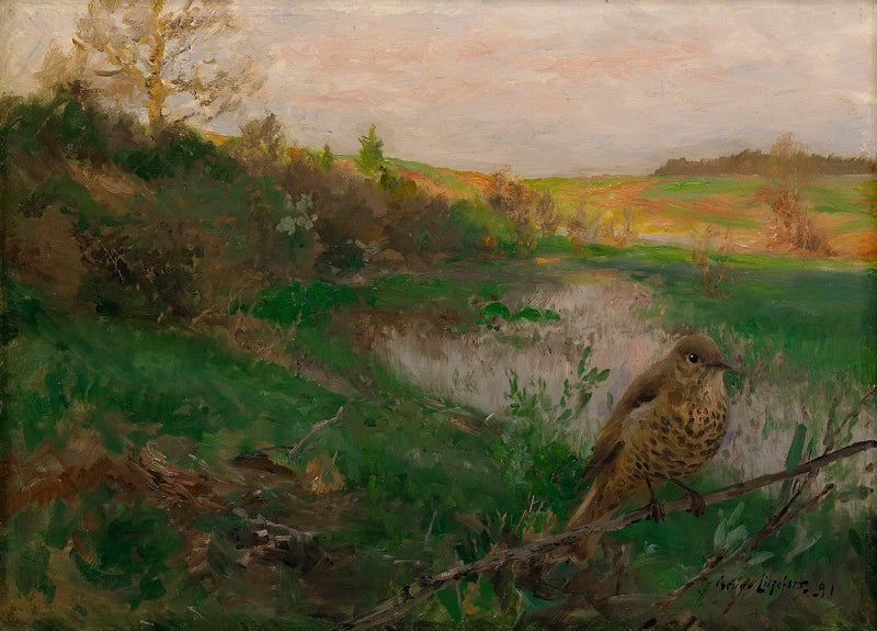 Landscape with a song thrush by the water's edge - Bruno Liljefors