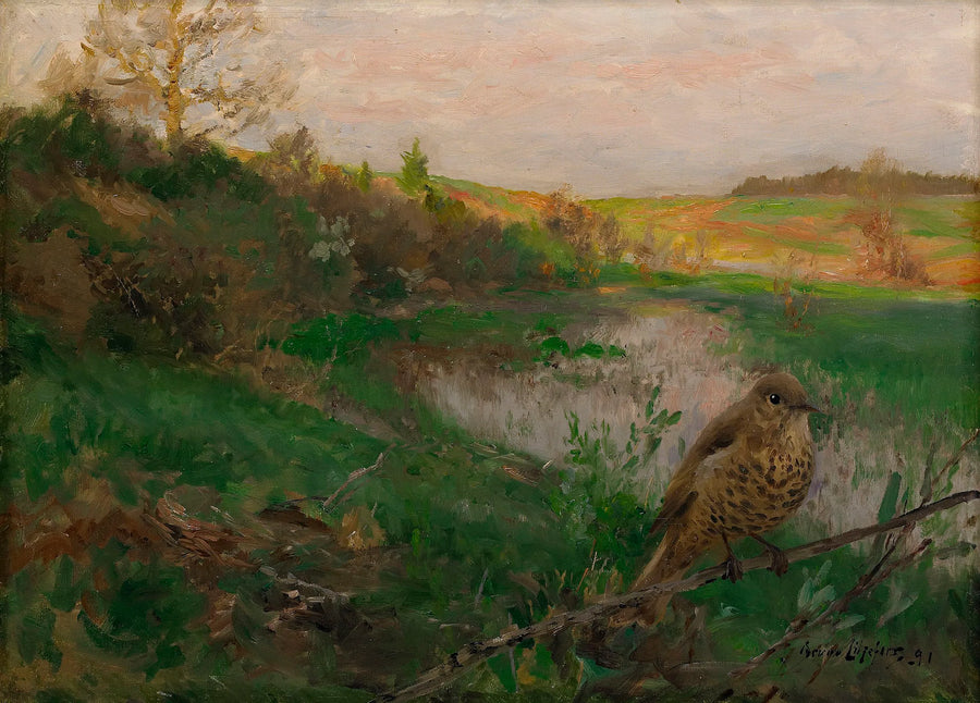 Landscape with a song thrush by the water's edge - Bruno Liljefors