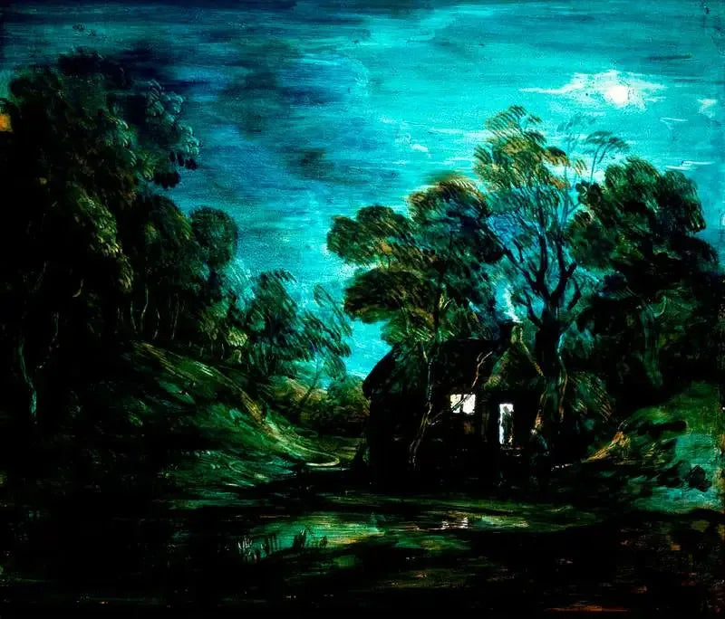 Wooded landscape by moonlight with a swimming pool and a silhouette at the door of a chalet - Thomas Gainsborough