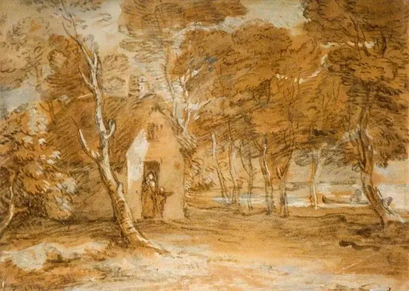 Wooded landscape with chalet, personnages et bateau sur un lac - Thomas Gainsborough