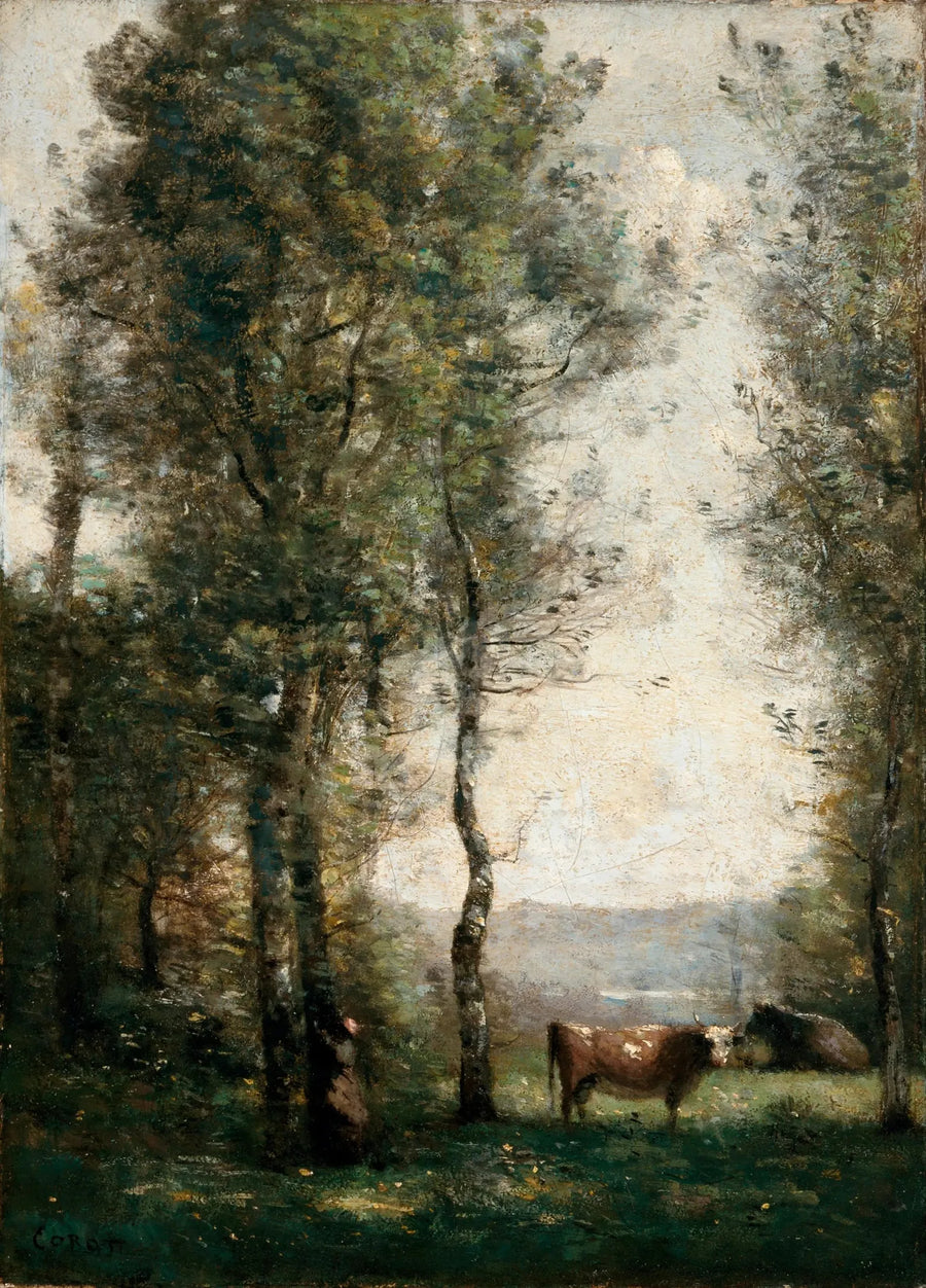 Wooded landscape with cows in a clearing - Jean-Baptiste Camille Corot