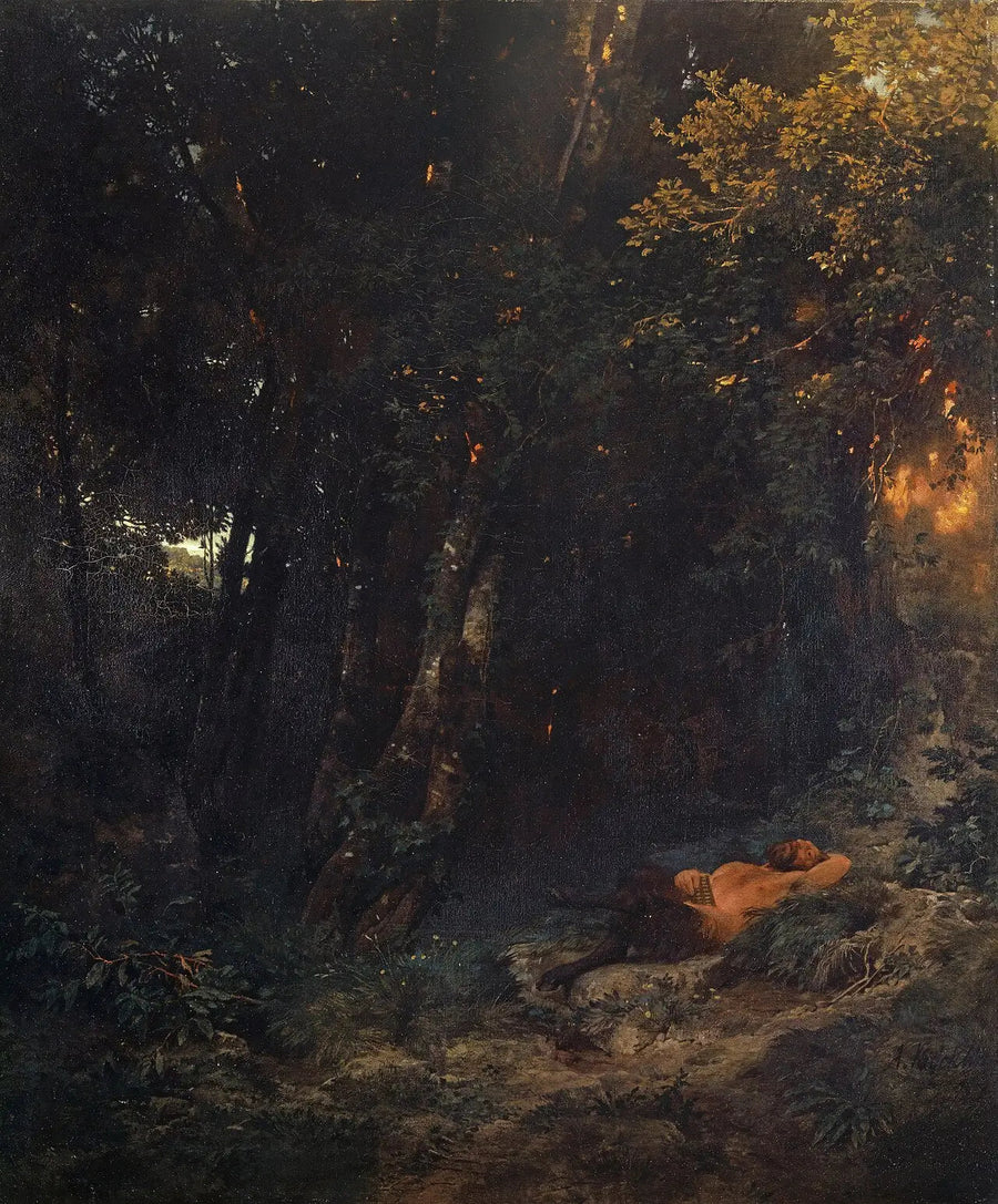 Forested landscape with Pan resting - Arnold Böcklin