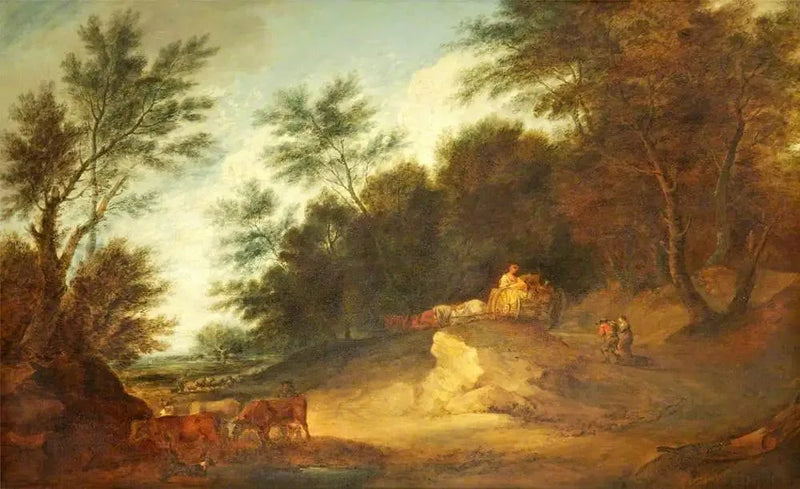 Wooded landscape with figures in a countryside cart and livestock - Thomas Gainsborough
