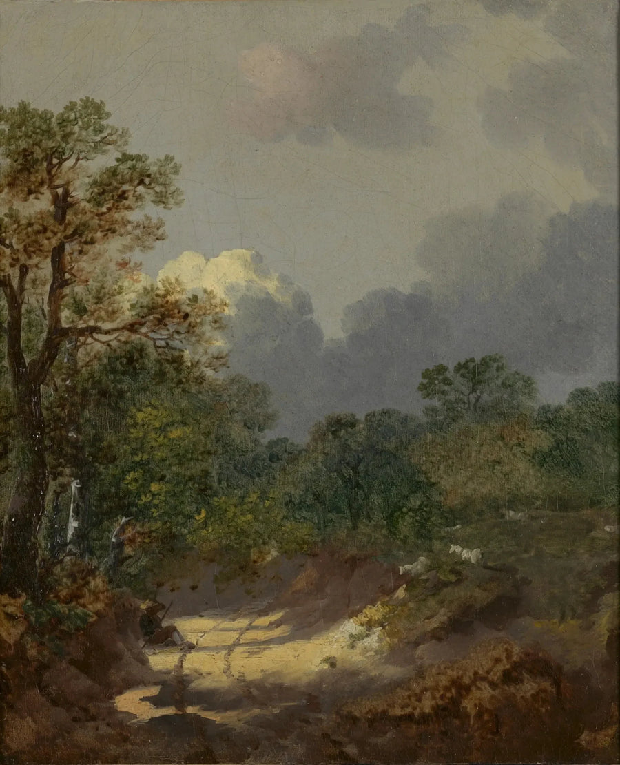 Wooded landscape with a shepherd resting on a sunny road with sheep - Thomas Gainsborough