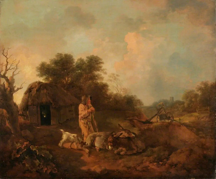 Forested landscape with an old peasant and donkeys outside a barn, a plowshare, and a church in the distance - Thomas Gainsborough