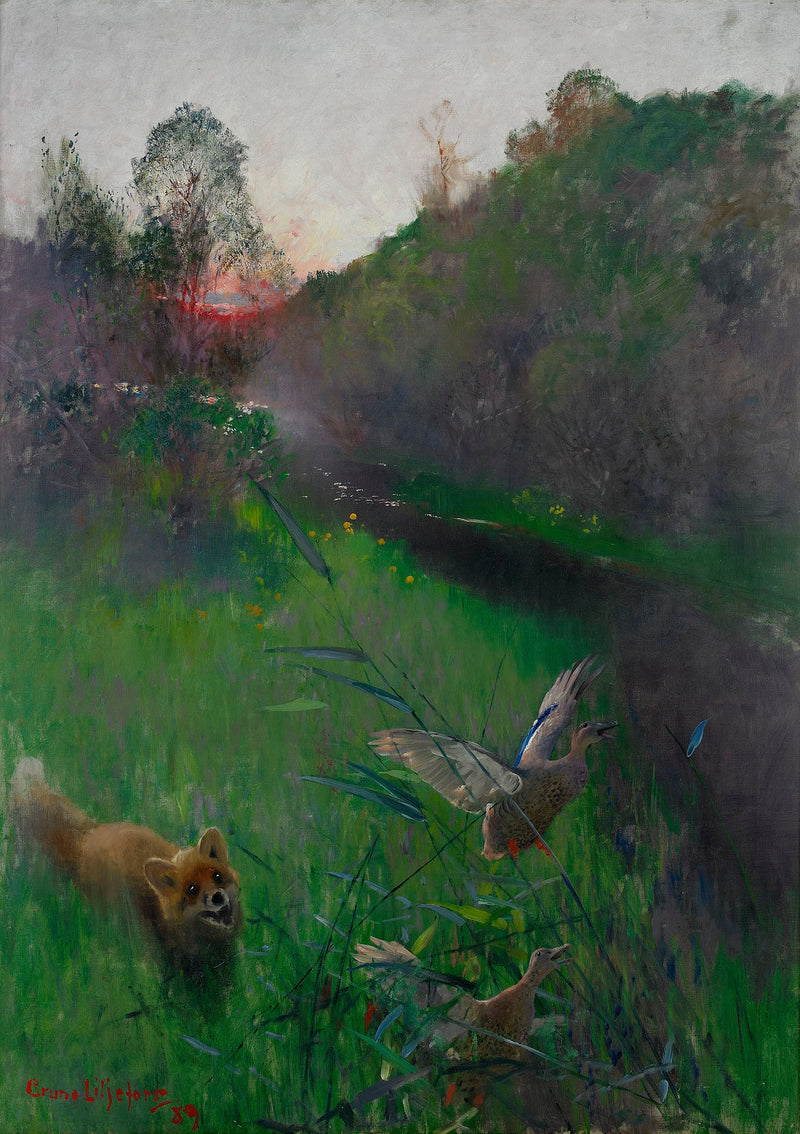 Afternoon landscape with fox and seabirds - Bruno Liljefors
