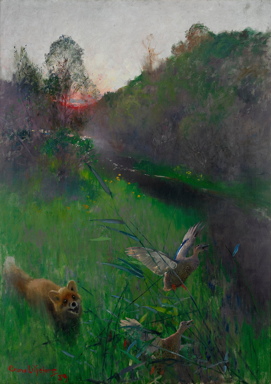 Afternoon landscape with fox and seabirds - Bruno Liljefors