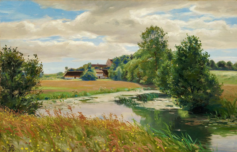 Summer landscape by a riverbank near a church. - H. A. Brendekilde