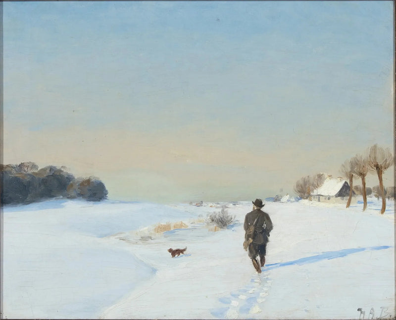Winter landscape with a hunter and his dog on a sunny day - H. A. Brendekilde