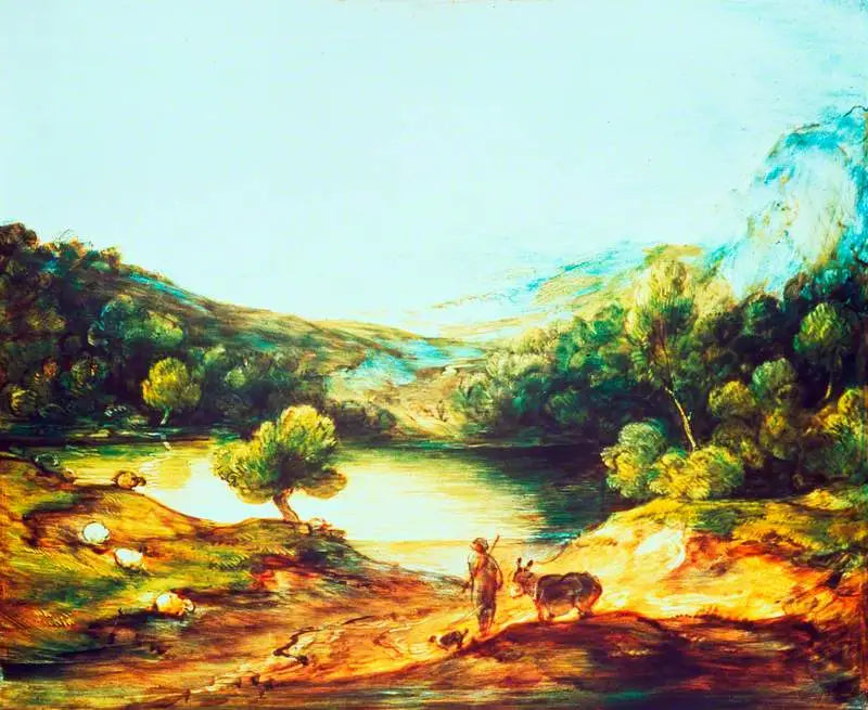 Highland wooded landscape with a shepherd, a donkey and dispersed sheep, a lake and a village and hills in the distance - Thomas Gainsborough