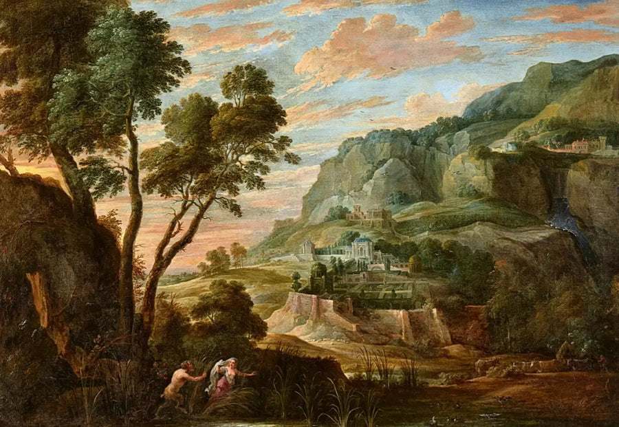 Panoramic mountain landscape with Pan and Syrinx - David Teniers the Younger