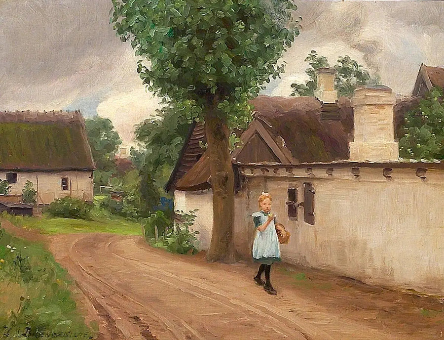 Village landscape with a young girl in a blue dress. - H. A. Brendekilde