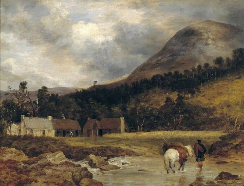 Scottish landscape: The arrival of a stag (figures and animals by Sir E. Landseer) - Edwin Henry Landseer