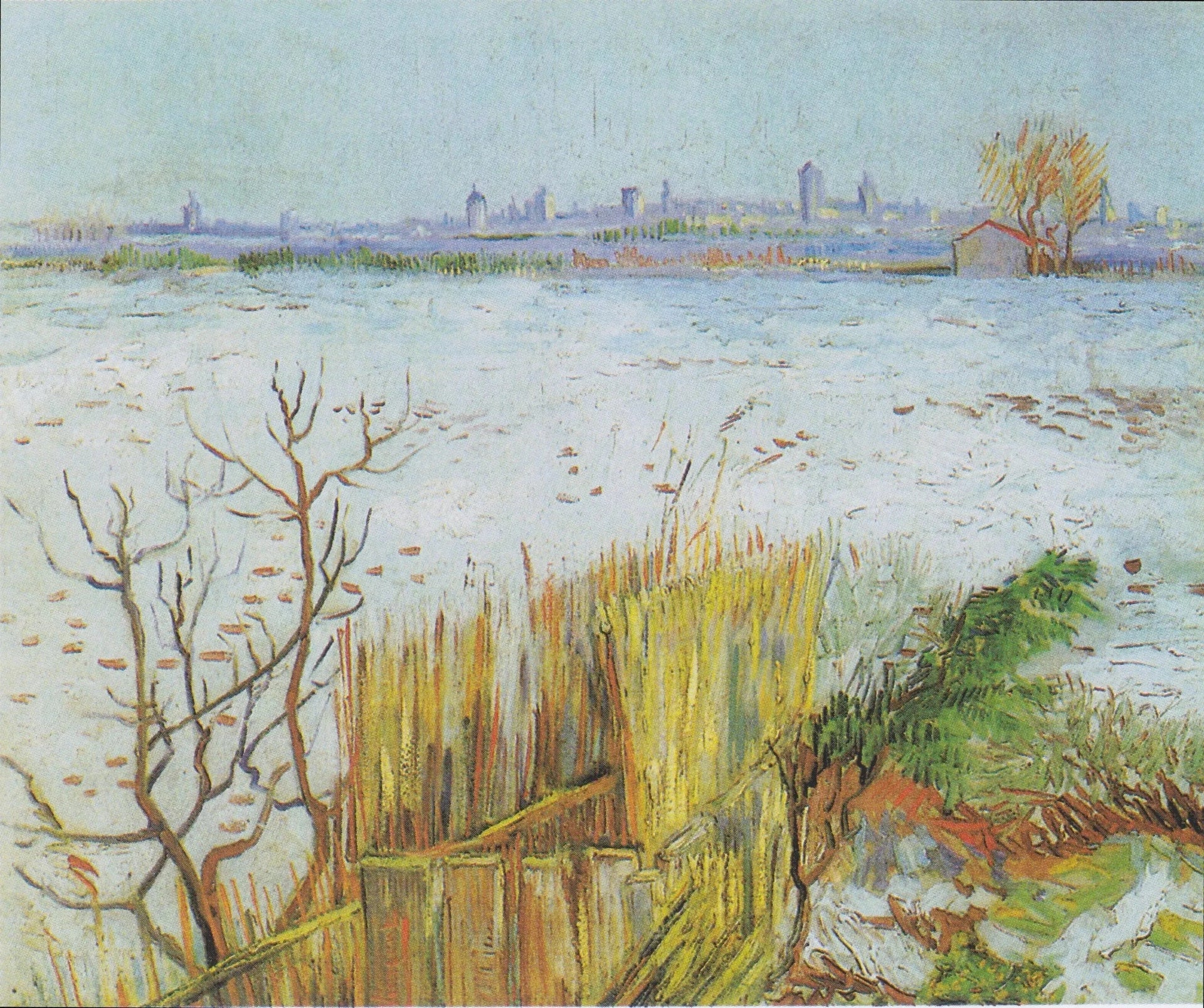 Paysage enneigé avec Arles à l’arrière-plan, F391 — champ blanc, clôture et silhouette de la ville peints par Vincent van Gogh