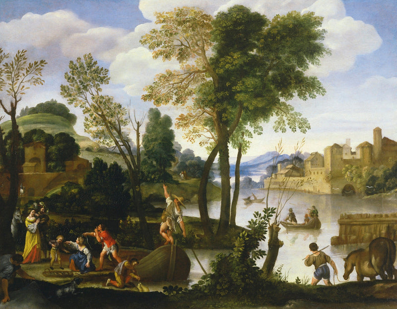 River landscape with boatmen and fishermen, an elegant couple strolling along the riverbank - Domenichino