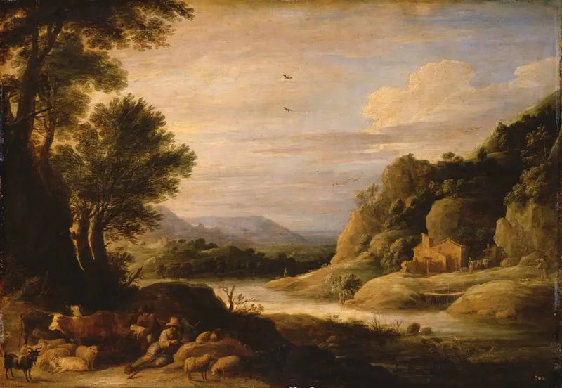 River landscape with shepherds and herds resting - David Teniers the Younger