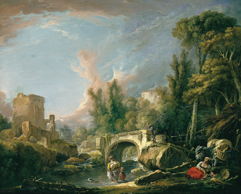 River landscape with ruins and bridge - François Boucher