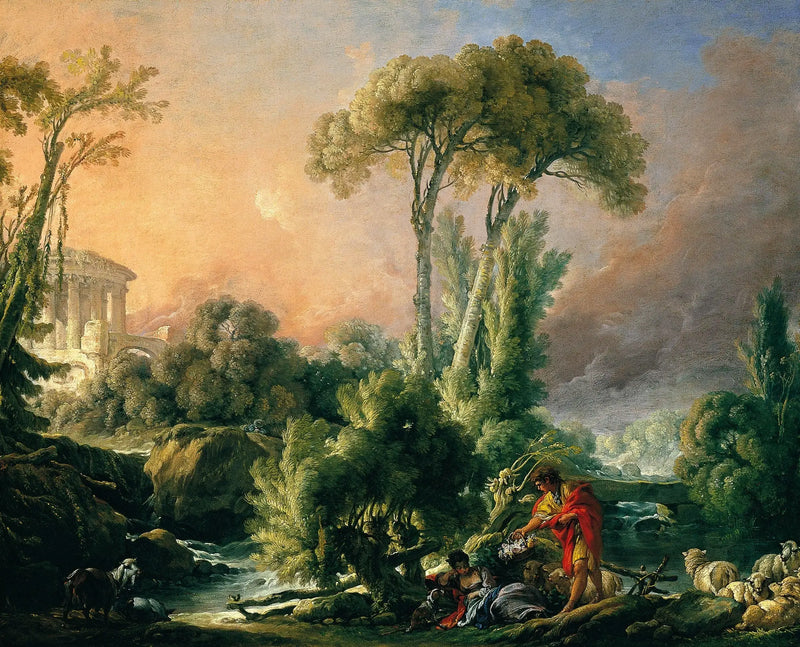 Fluvial landscape with antique temple - François Boucher