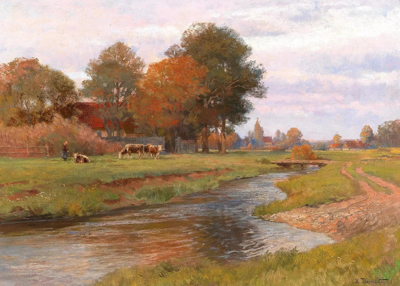 River landscape with a small herd of cows and a village in the background - Hugo Darnaut