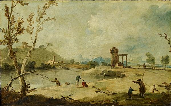 River landscape with a ruined tower and a distant village - Francesco Guardi