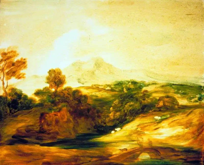 Woodland River Landscape with Figures on a Bridge, a Chalet, Sheep, and Distant Mountains - Thomas Gainsborough
