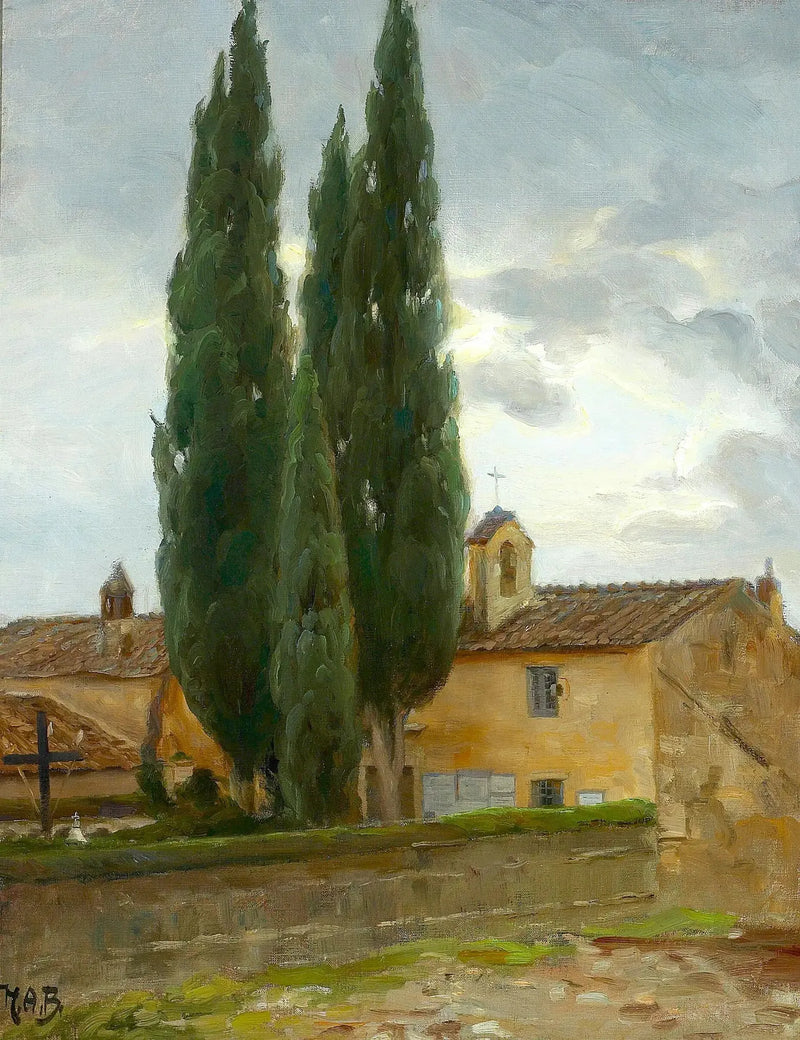 Italian landscape with a monastery and pine trees. - H. A. Brendekilde