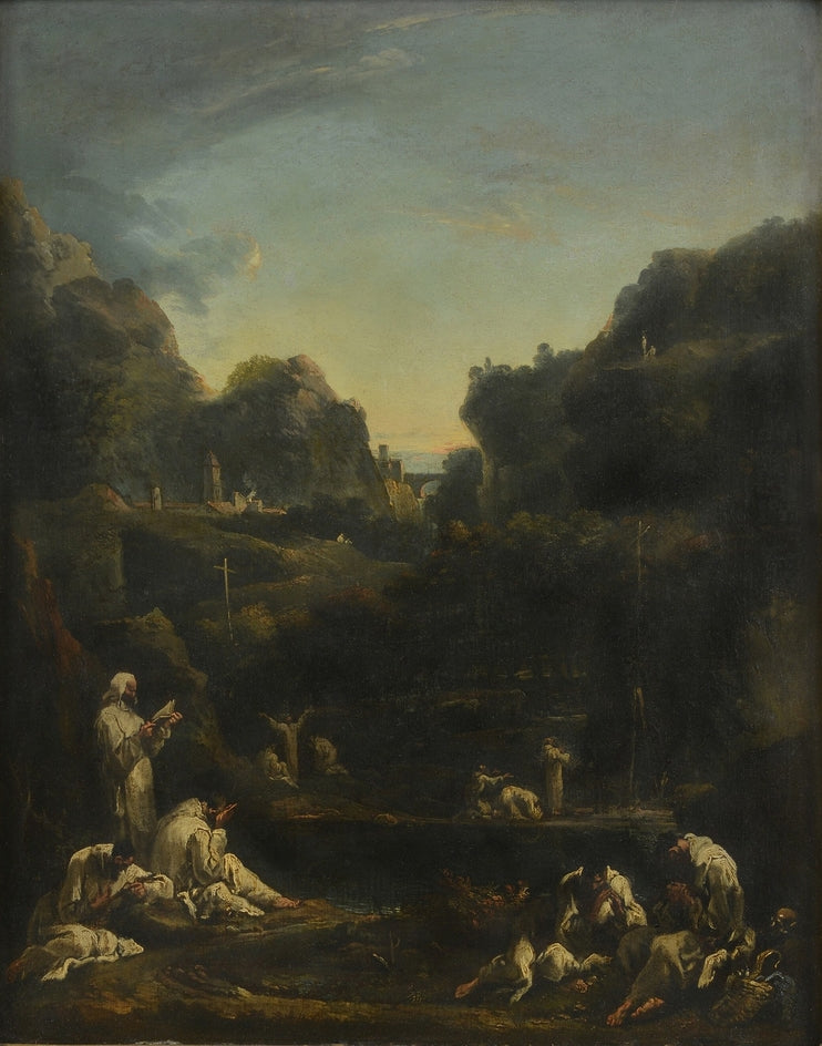 Mountainous landscape with groups of monks - Sebastiano Ricci