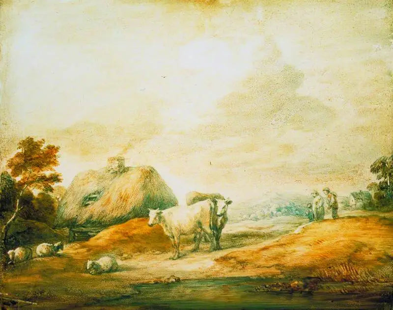 Open landscape with farmers, cows, sheep, chalets, and swimming pool - Thomas Gainsborough
