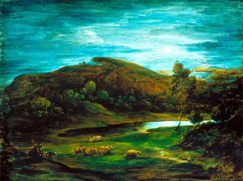 Open landscape with a shepherd, sheep, a swimming pool, and distant hills - Thomas Gainsborough