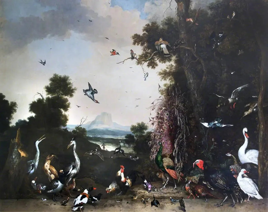 Open landscape with poultry and waterfowl - Melchior de Hondecoeter