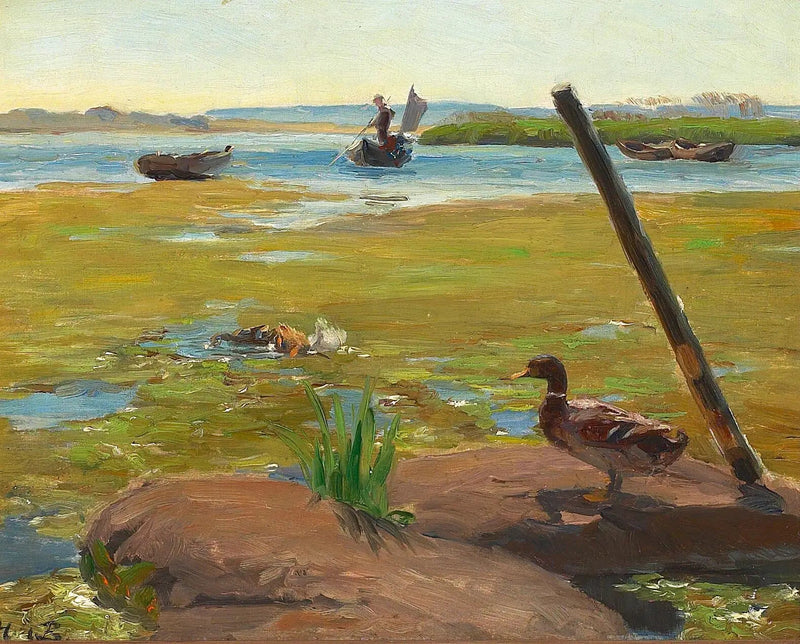 Landscape near Jyllinge with a duck. In the background, a man is punting. - H. A. Brendekilde