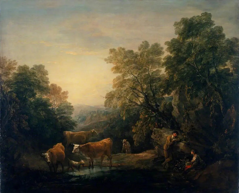 Rocky and wooded landscape with rustic lovers, a shepherd, and cows - Thomas Gainsborough