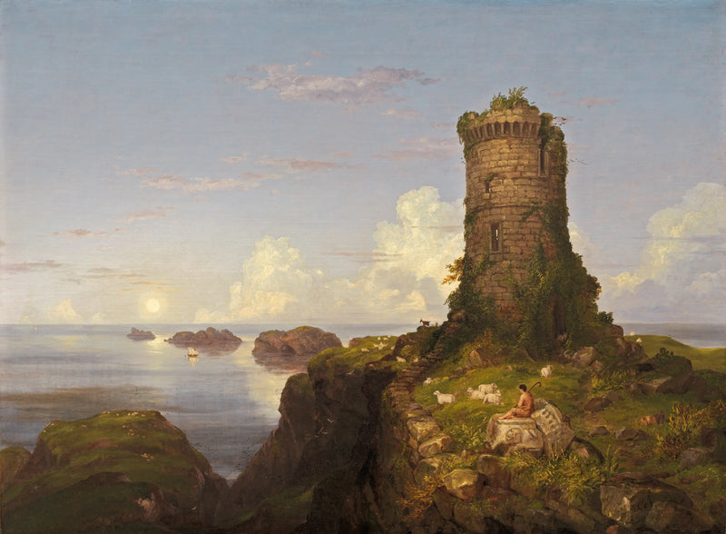 Romantic landscape with ruined tower - Thomas Cole
