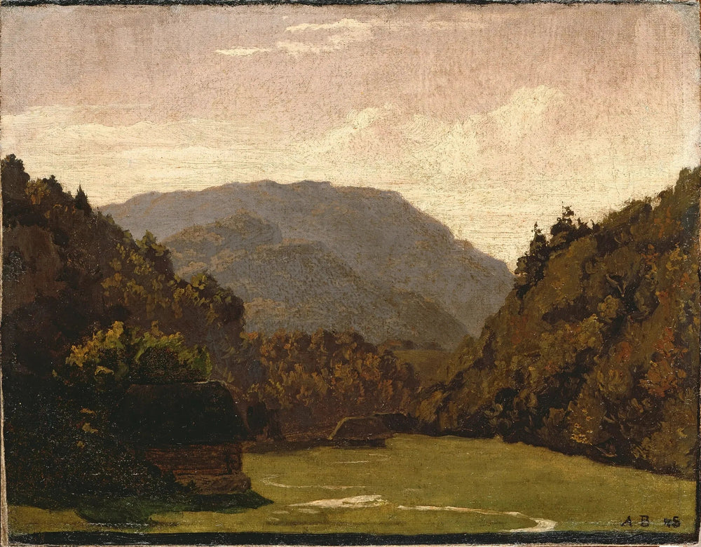 Paysage vallonné avec des cabanes en rondins et un ruisseau dans la plaine - Arnold Böcklin image 1 copie de tableau peinte à la main