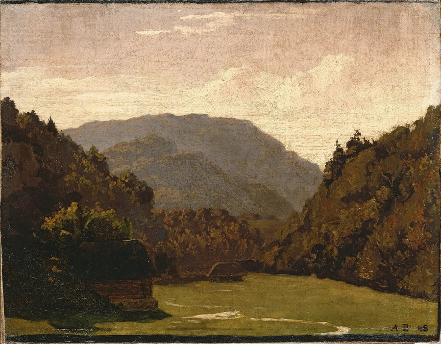 Rolling landscape with log cabins and a stream in the plain - Arnold Böcklin