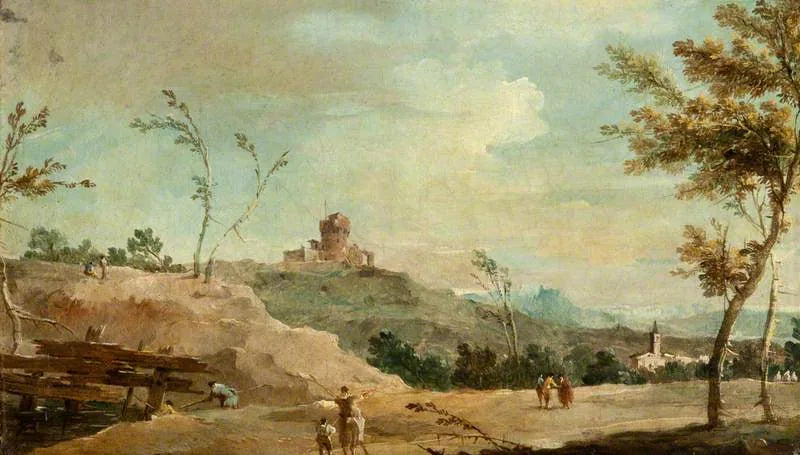 Hilly landscape with a ruined tower - Francesco Guardi