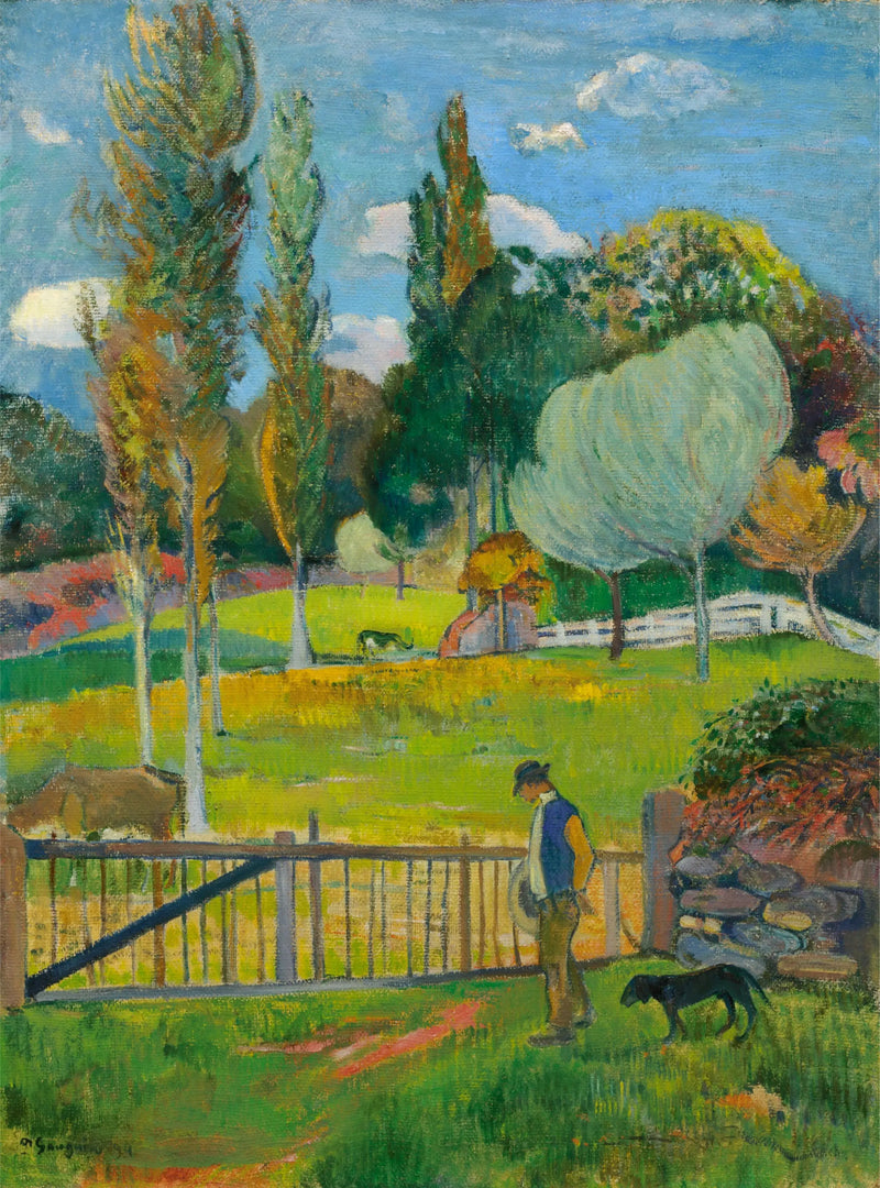 Peasant and his dog near a fence - Paul Gauguin