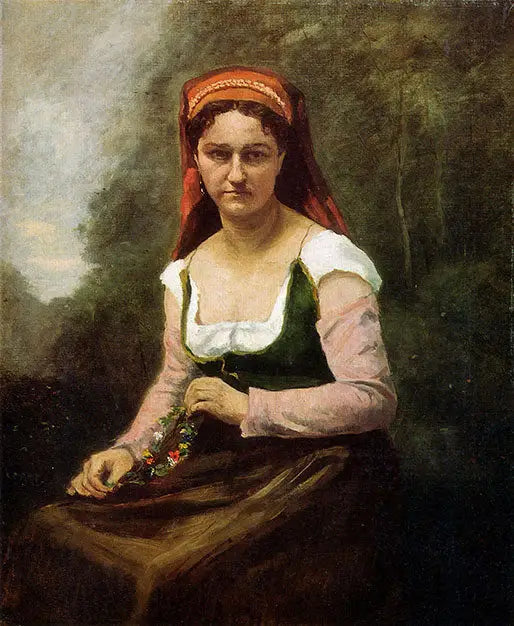 Peasant Woman Sitting in the Greenery, Holding a Garland of Flowers - Jean-Baptiste Camille Corot