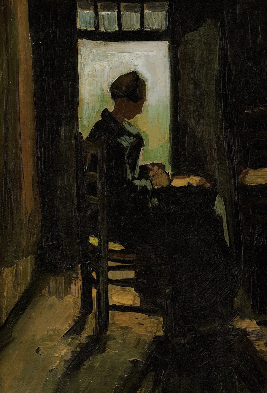 Peasant woman sitting in front of an open door, peeling potatoes - Vincent van Gogh
