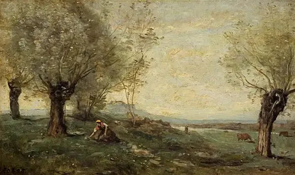 Paysanne coupant de l'herbe auprès d'une saulaie - Jean-Baptiste Camille Corot image 1 reproduction artisanale de tableau