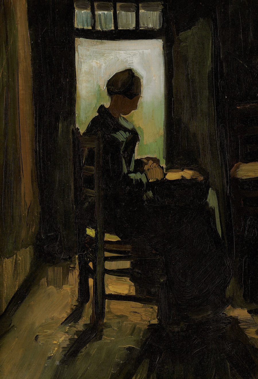 Peasant woman sitting in front of an open door, peeling potatoes - Vincent van Gogh