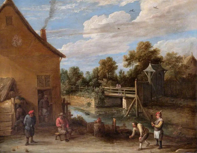 Peasants playing boules in front of an inn by a river - David Teniers the Younger