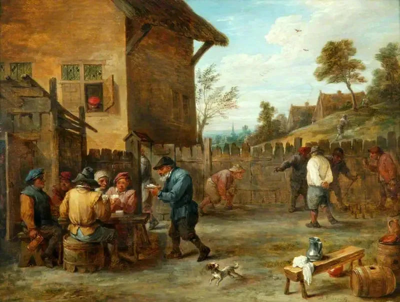 Peasants playing cards and skittles in a courtyard - David Teniers the Younger