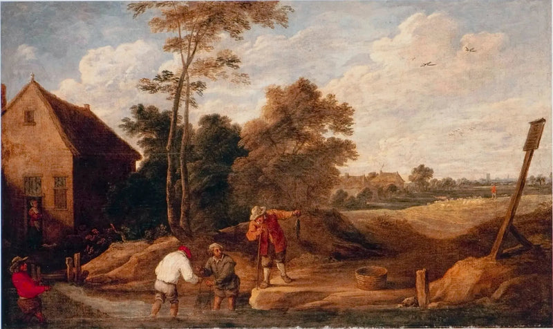 Peasants fishing in a stream, near a chalet - David Teniers the Younger