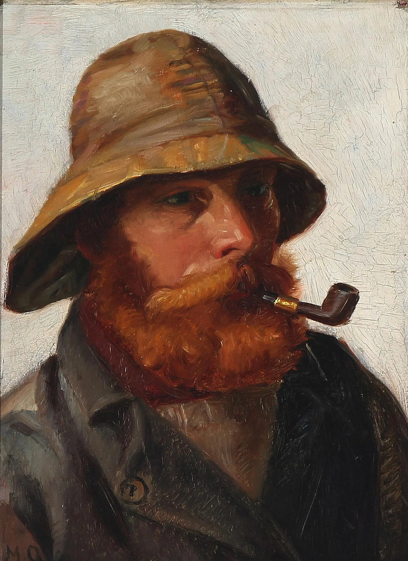 A red-bearded fisherman, wearing a yellow oilskin and smoking a pipe. - Michael Peter Ancher