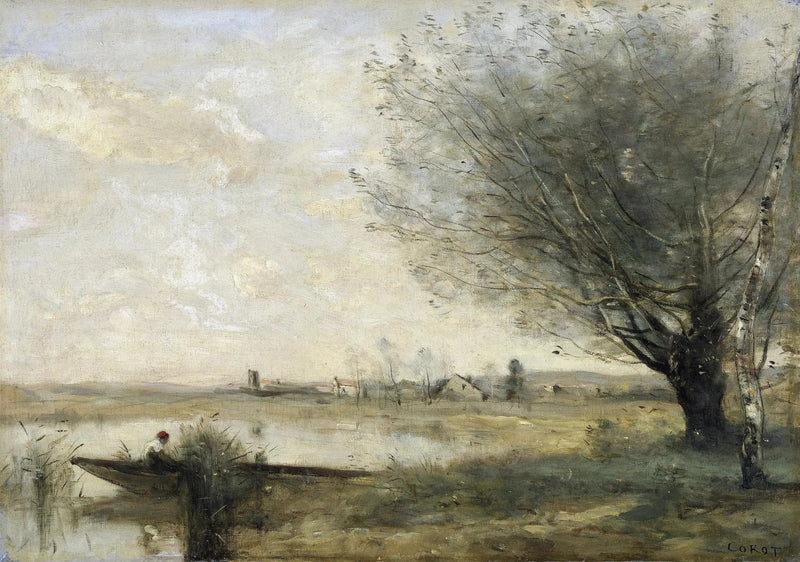 Fisherman moored to a bank - Jean-Baptiste Camille Corot