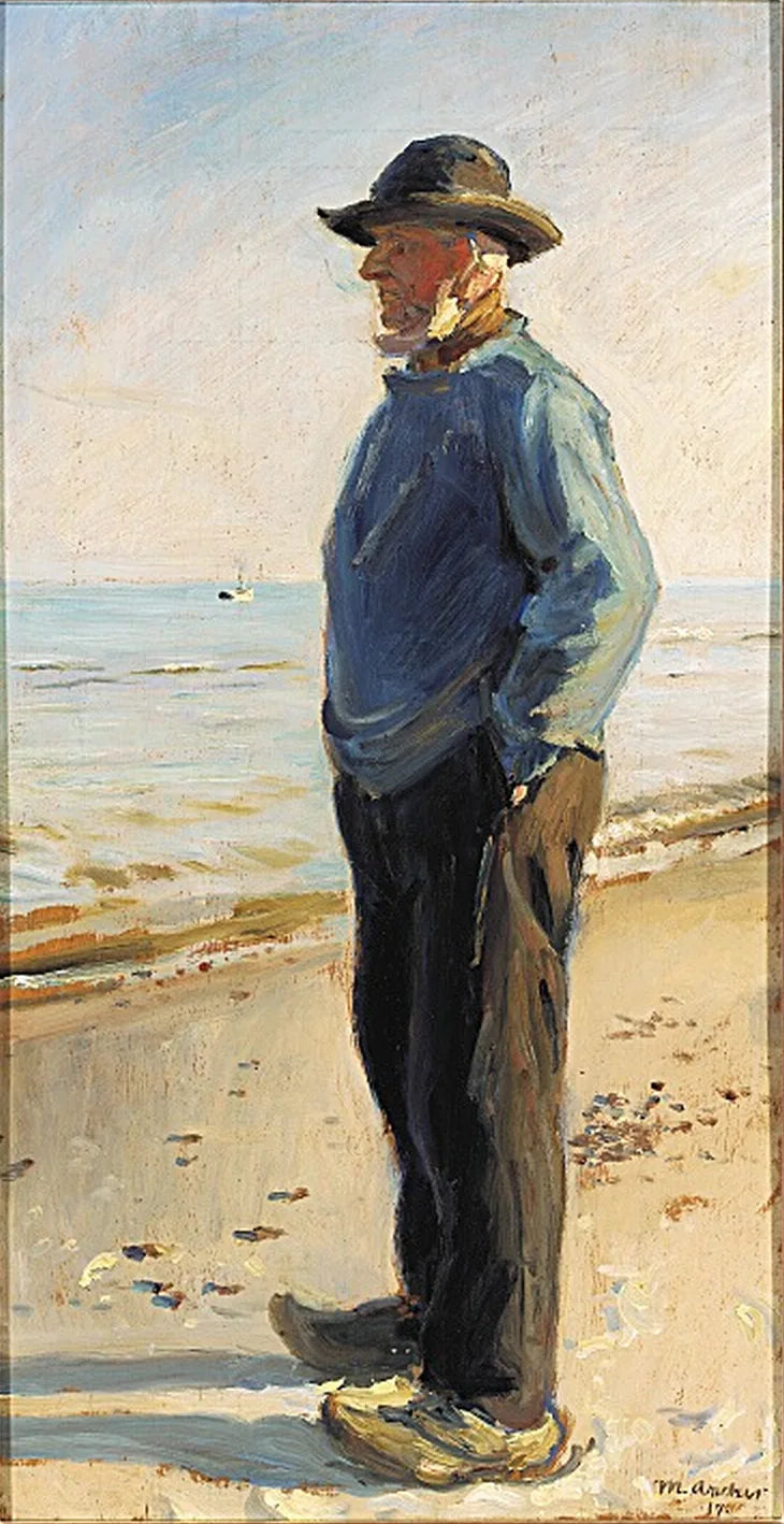 A fisherman from Skagen stands on the beach, wearing a blue anorak. - Michael Peter Ancher