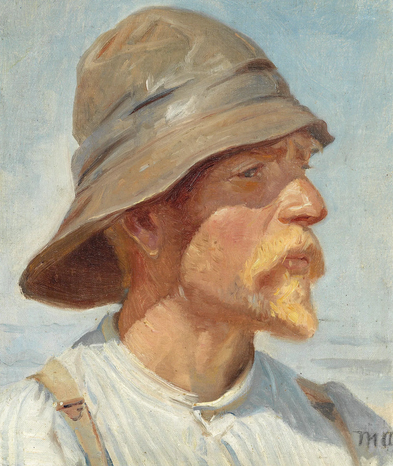 Skagen fisherman wearing a oilskin, striped shirt, and suspenders. - Michael Peter Ancher