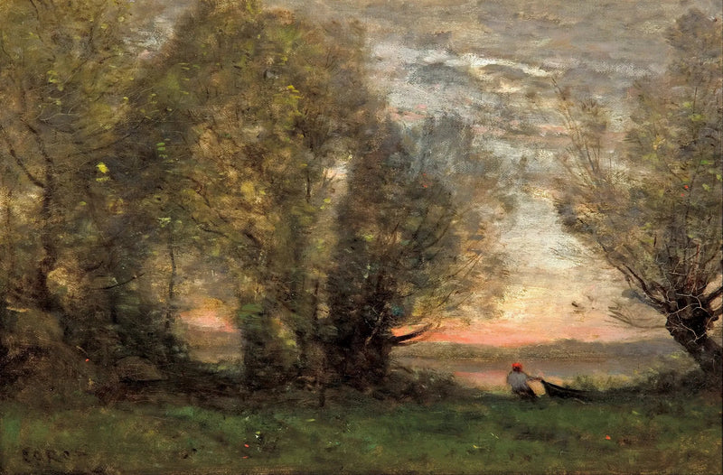 Fisherman pulling his boat near an old willow, evening effect - Jean-Baptiste Camille Corot